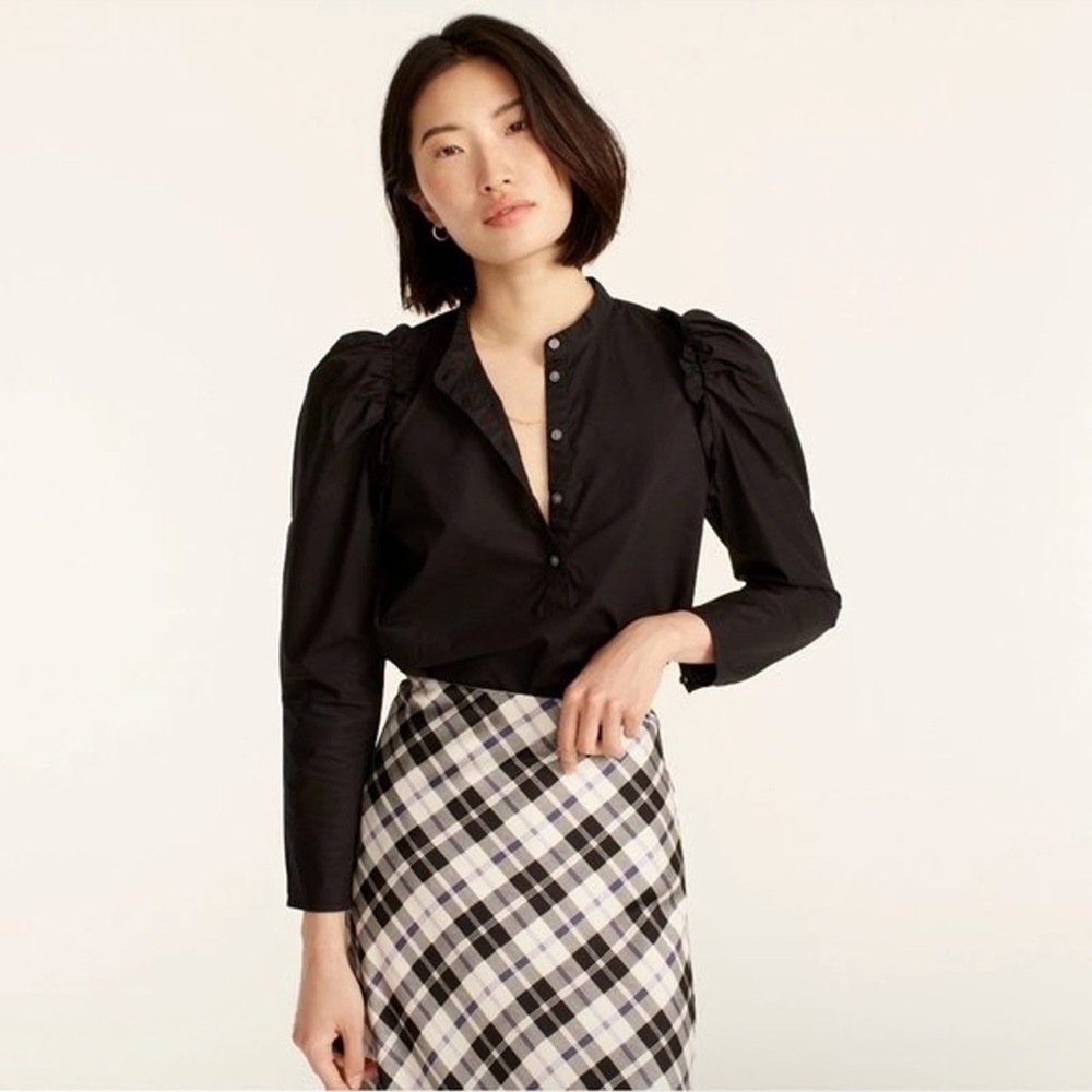 J.Crew Black Puff Sleeve Popover Blouse NWT Cotton Preppy Minimal Chic Small - Picture 3 of 9